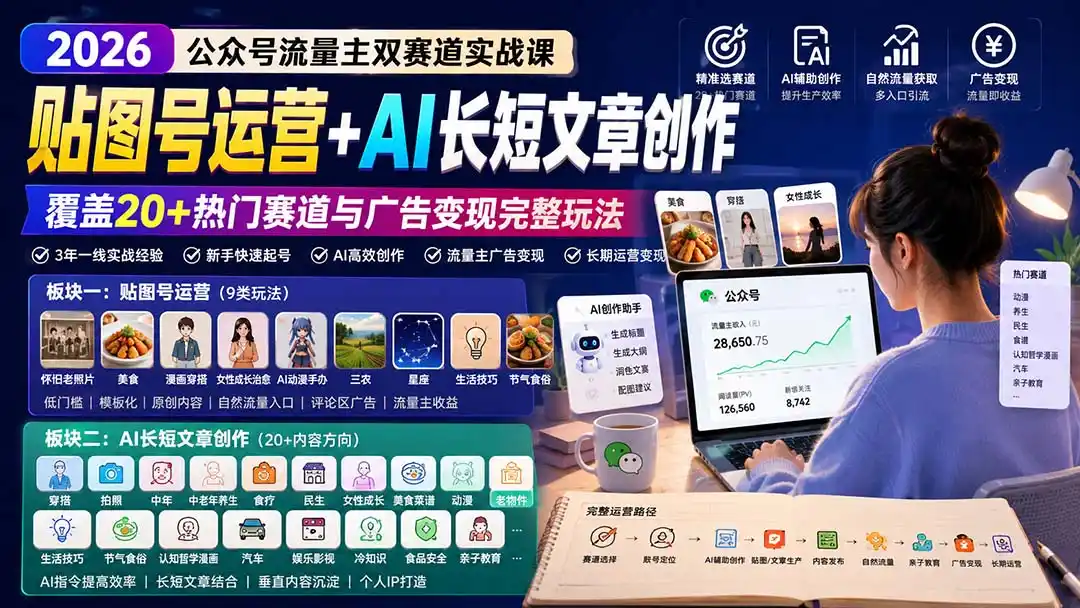 公众号流量主双赛道实战课：贴图号运营+AI长短文章创作，覆盖20+热门赛道与广告变现完整玩法-小创项目网