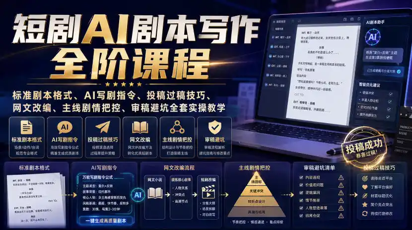 短剧AI剧本写作全阶课程｜标准剧本格式、AI写剧指令、投稿过稿技巧、网文改编、主线剧情把控、审稿避坑全套实操教学-小创项目网