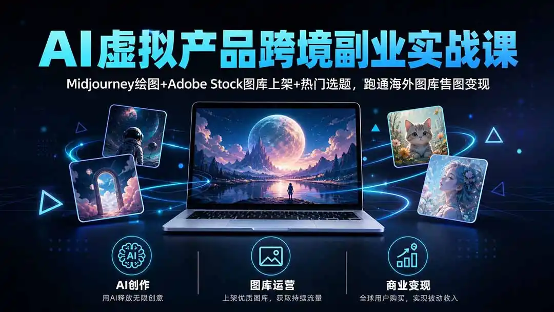 AI虚拟产品跨境副业实战课｜Midjourney绘图+Adobe Stock图库上架+热门选题，跑通海外图库售图变现-寒山客