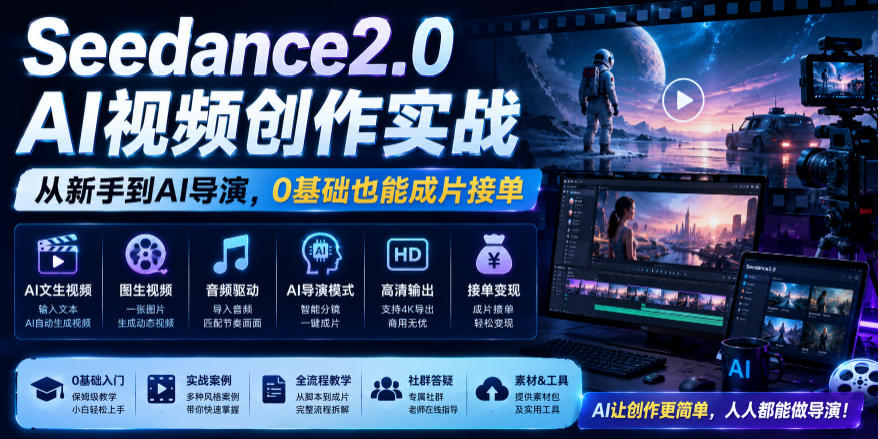 Seedance2.0 AI视频创作实战，从新手到AI导演，0基础也能成片接单变现-寒山客