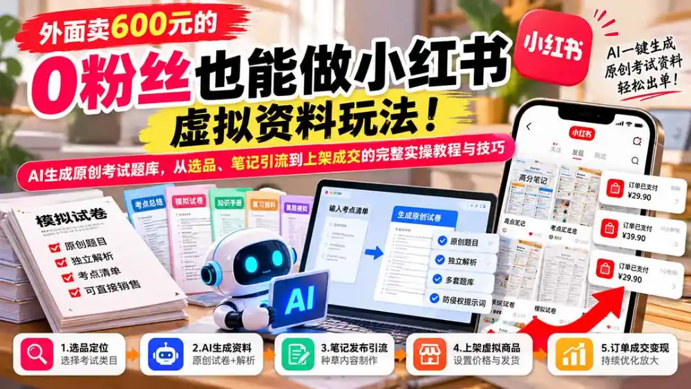 外面卖600元的 零粉丝也能做小红书虚拟资料玩法！AI生成原创考试题库，从选品、笔记引流到上架成交的完整实操教程-小创项目网