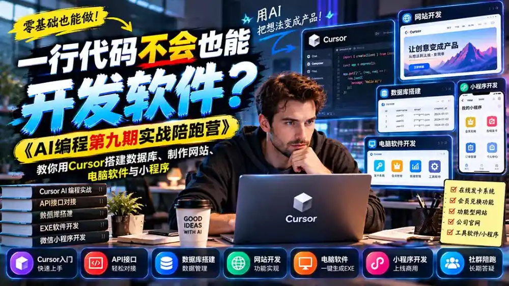 一行代码不会也能开发软件？《AI编程第九期实战陪跑营》教你用Cursor搭建数据库、制作网站、电脑软件与小程序-小创项目网