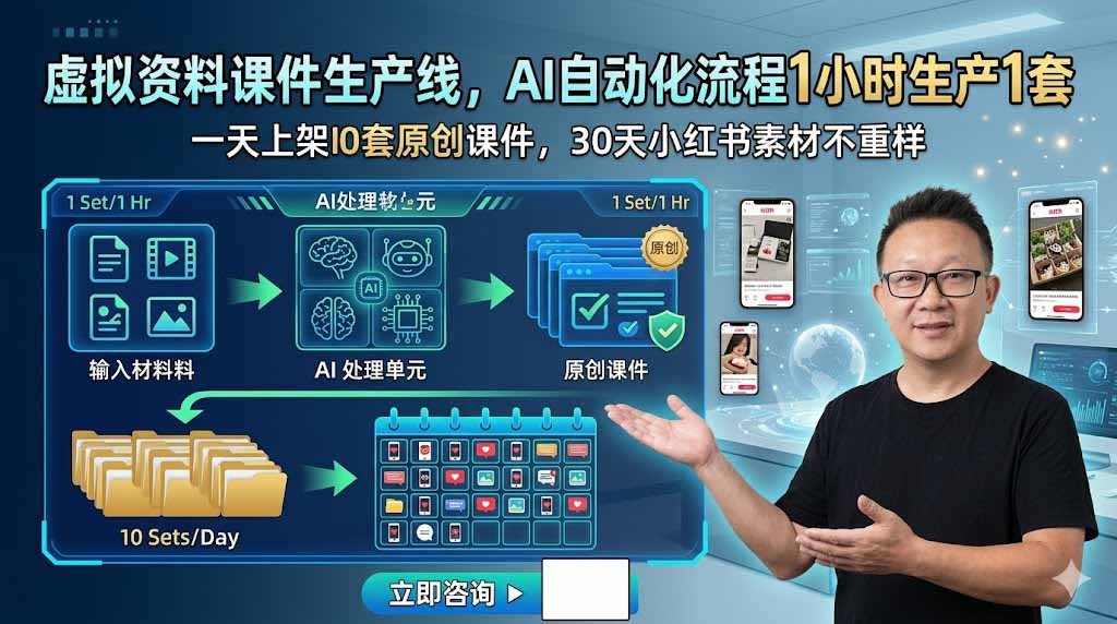 虚拟资料课件生产线，AI自动化流程1小时生产1套，一天上架10套原创课件，30天小红书素材不重样-寒山客