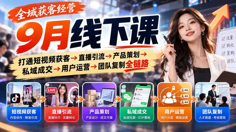 全域获客经营9月线下课：打通短视频获客→直播引流→产品策划→私域成交→用户运营→团队复制全链路-小创项目网