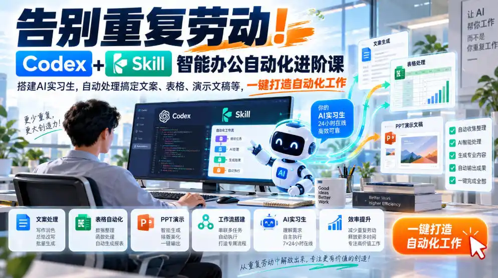 告别重复劳动！Codex+Skill智能办公自动化进阶课｜搭建AI实习生，自动处理搞定文案、表格、演示文稿等，一键打造自动化工作-小创项目网