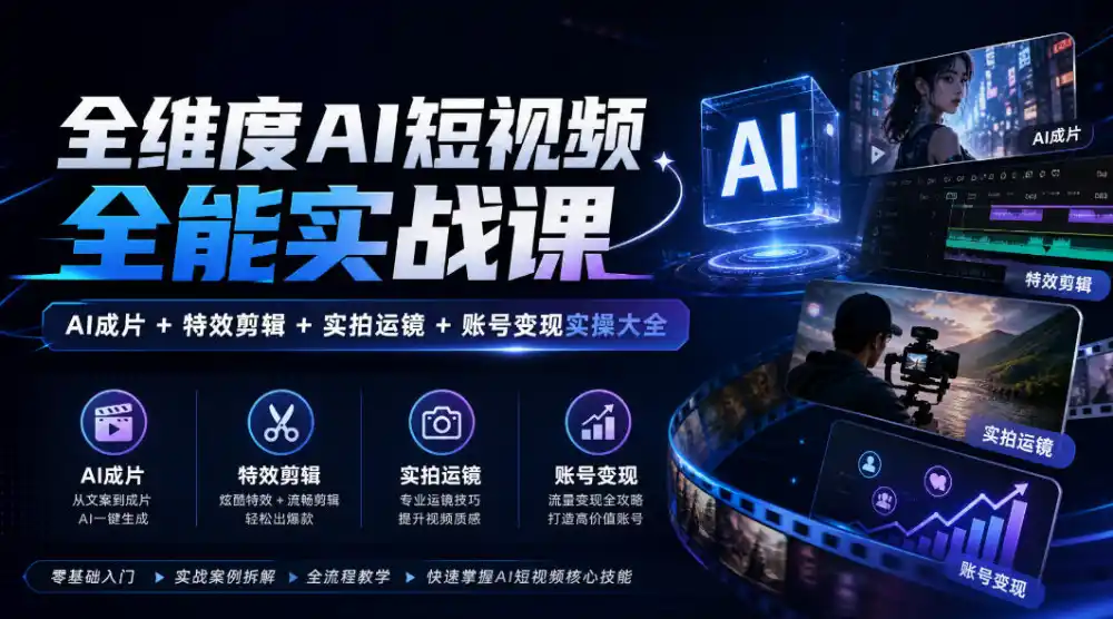 全维度AI短视频全能实战课，AI成片+特效剪辑+实拍运镜+账号变现实操大全-小创项目网