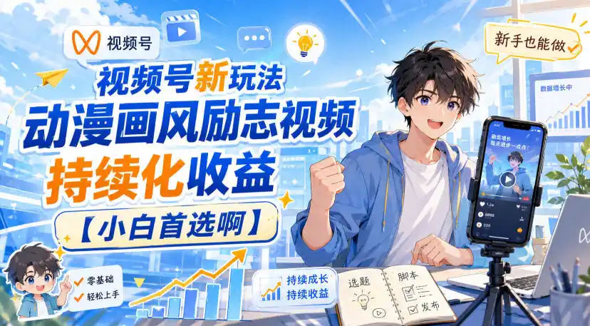 视频号新玩法动漫画风励志视频，持续化收益【小白首选啊】-小创项目网