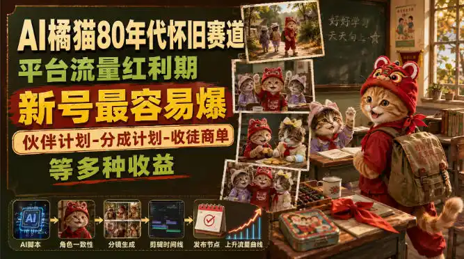 AI橘猫80年代怀旧赛道，平台流量红利期，新号最容易爆，伙伴计划-分成计划-收徒商单等多种收益-小创项目网