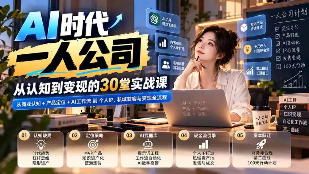【无水印】AI时代一人公司30堂实战课：从商业认知+产品定位+AI工作流到个人IP、私域获客与变现全流程-小创项目网