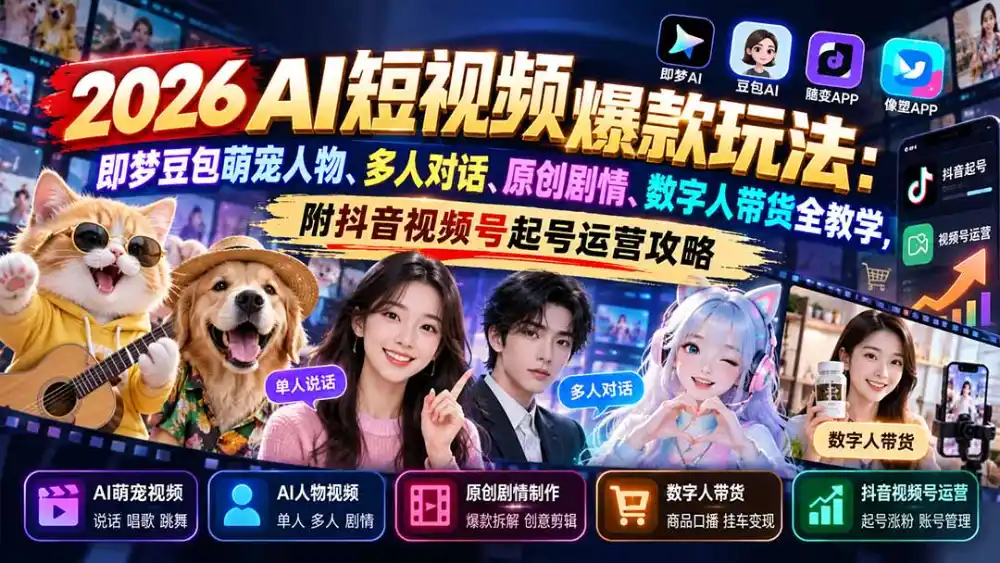 2026AI短视频爆款玩法：即梦豆包萌宠人物、多人对话、原创剧情、数字人带货全教学，附抖音视频号起号运营攻略-小创项目网