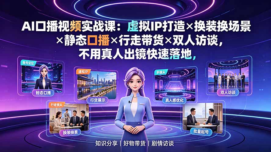 AI口播视频实战课：虚拟IP打造×换装换场景×静态口播×行走带货×双人访谈，不用真人出镜快速落地-小创项目网