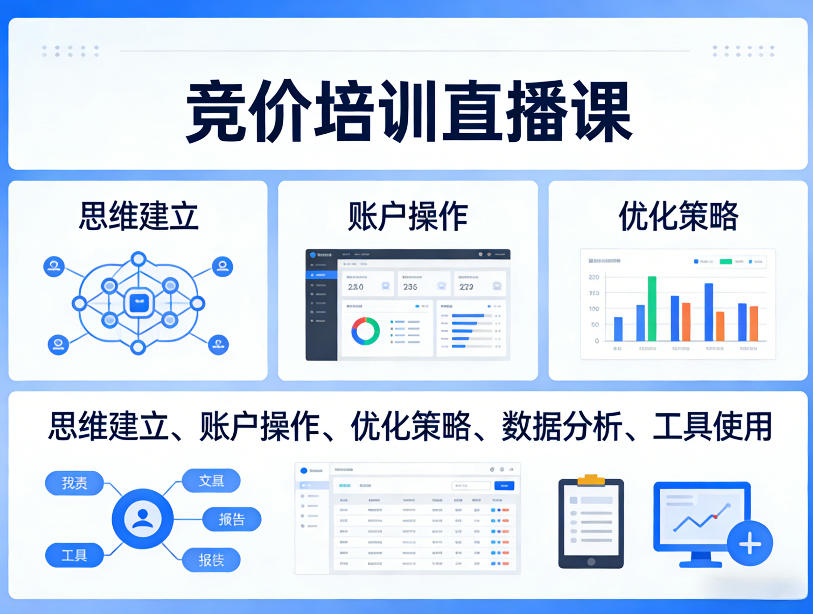 竞价培训直播课，覆盖思维建立、账户操作、优化策略、数据分析、工具使用等，全方位提升效果-小创项目网
