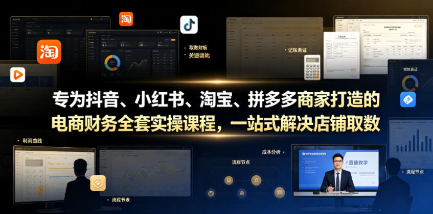 专为抖音、小红书、淘宝、拼多多商家打造的电商财务全套实操课程，一站式解决店铺取数、记账、报税全流程难题-寒山客