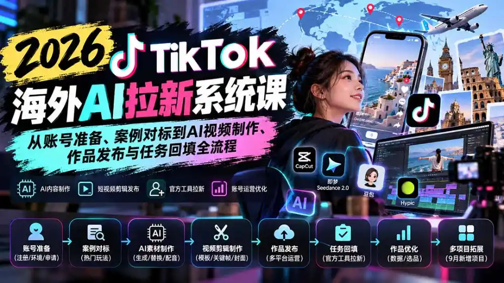 【无水印】2026 TikTok海外AI拉新系统课：从账号准备、案例对标到AI视频制作、作品发布与任务回填全流程-寒山客