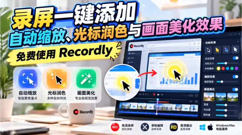 录屏一键添加自动缩放、光标润色与画面美化效果，免费使用Recordly-小创项目网