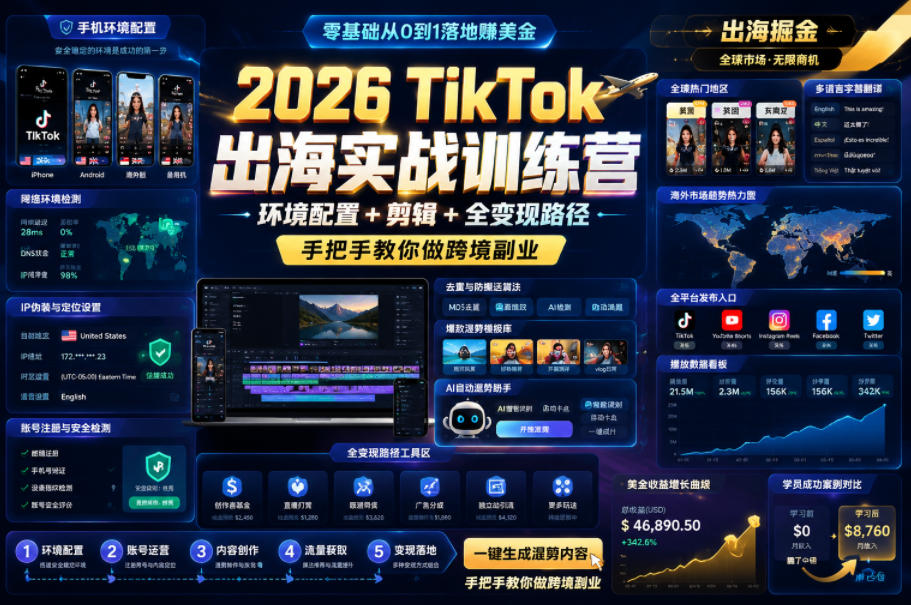2026 TikTok出海实战训练营，环境配置 + 剪辑 + 全变现路径，手把手教你做跨境副业-小创项目网