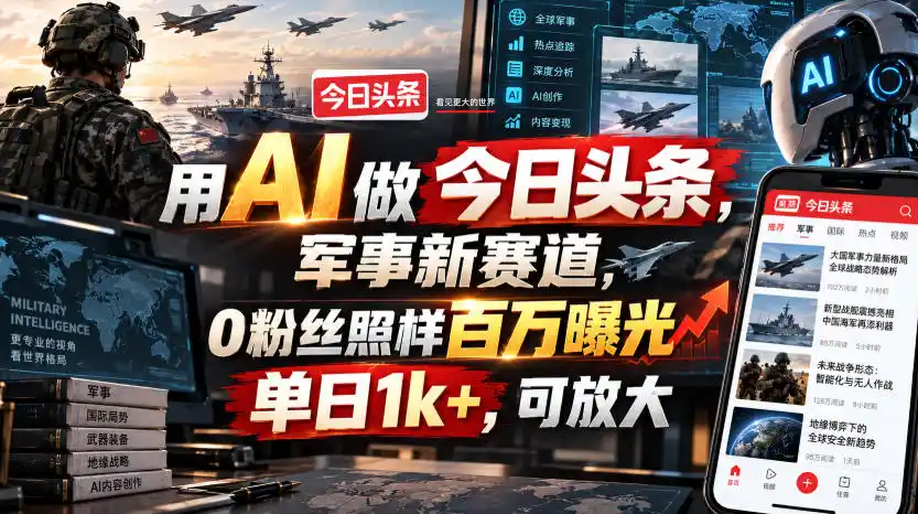用AI做今日头条，军事新赛道，0粉丝照样百万曝光，单日1k+，可放大-小创项目网