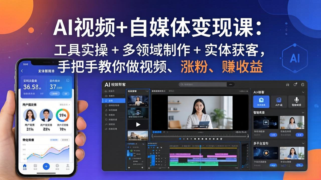 AI视频+自媒体变现课：工具实操 + 多领域制作 + 实体获客，手把手教你做视频、涨粉、赚收益-小创项目网