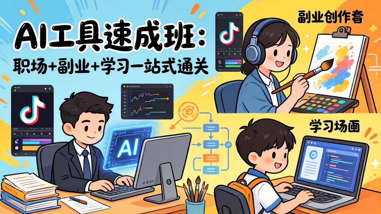AI工具速成班：职场+副业+学习一站式通关，20+爆款类型+剪映技巧+抖音算法，0基础快速上手-小创项目网