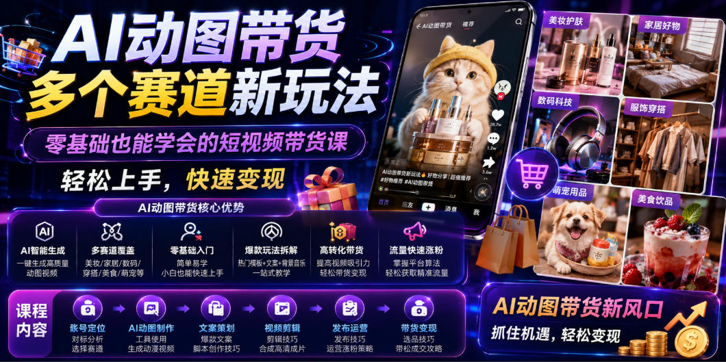 AI动图带货多个赛道新玩法，零基础也能学会的短视频带货课，轻松上手，快速变现-寒山客