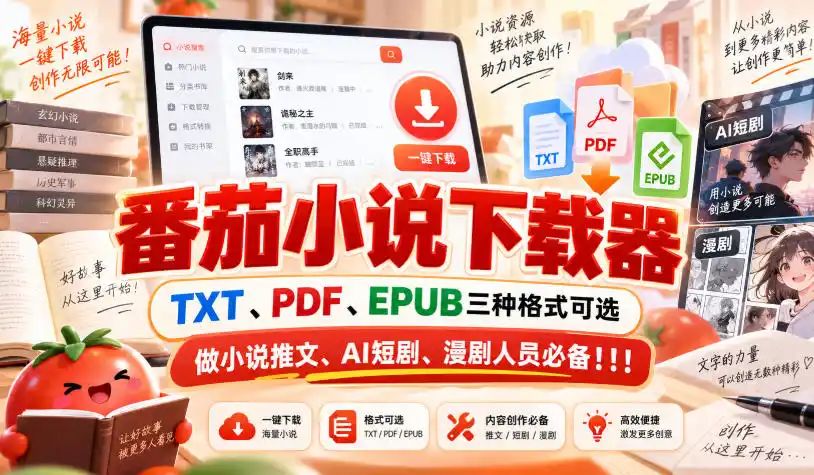 番茄小说下载器，TXT、PDF、EPUB三种格式可选，做小说推文、AI短剧、漫剧人员必备！！！-寒山客