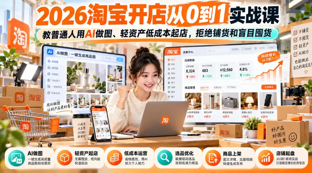 2026淘宝开店从0到1实战课，教普通人用AI做图、轻资产低成本起店，拒绝铺货和盲目囤货-小创项目网