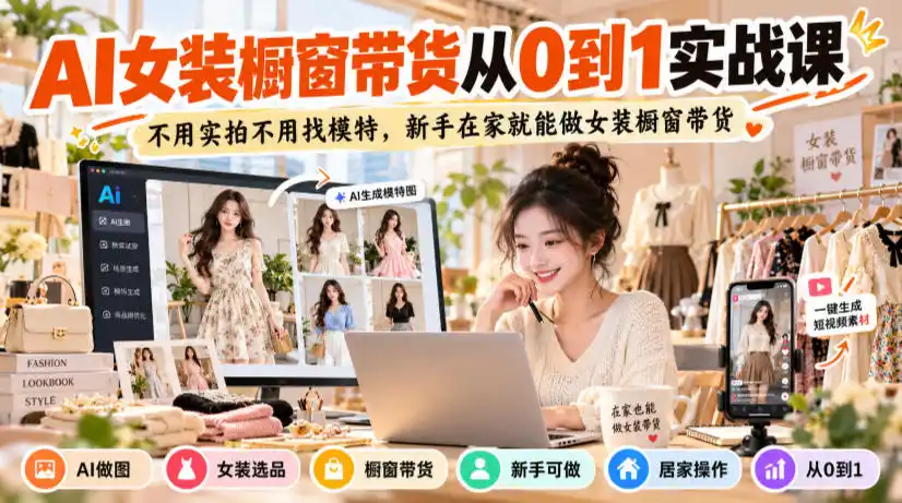 AI女装橱窗带货从0到1实战课，不用实拍不用找模特，新手在家就能做女装橱窗带货-小创项目网