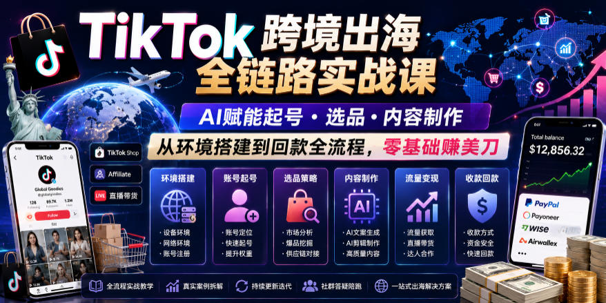 TikTok跨境出海全链路实战课，AI赋能起号・选品・内容制作，从环境搭建到回款全流程，零基础賺美刀-寒山客