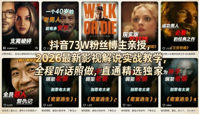抖音73W粉丝博主亲授，2026最新影视解说实战教学，全程听话照做，直通精选独家-小创项目网
