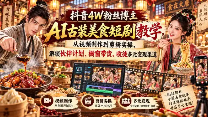 抖音4W粉丝博主AI古装美食短剧教学，从视频制作到剪辑实操，解锁伙伴计划、橱窗带货、收徒多元变现渠道-寒山客