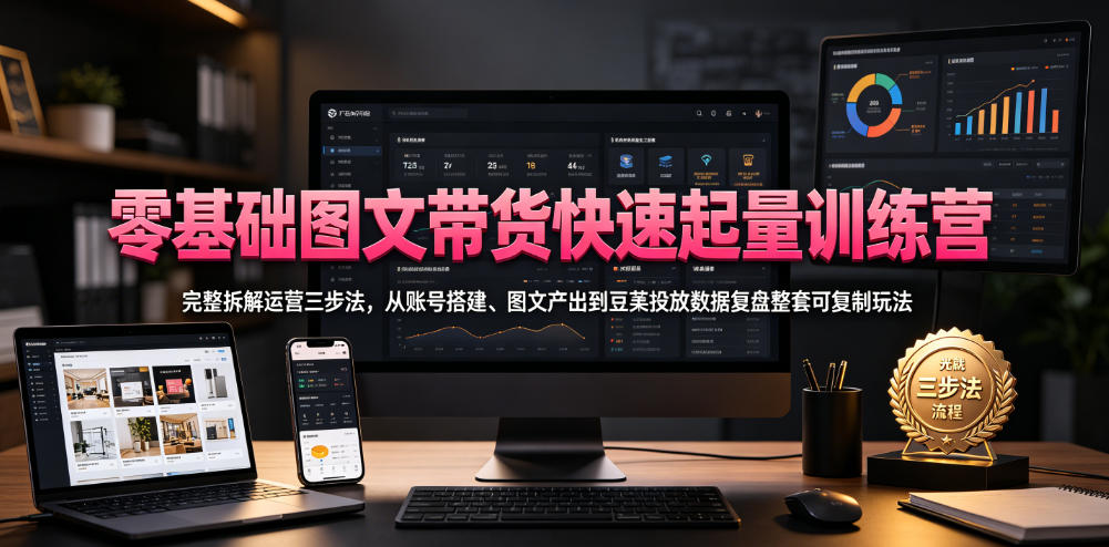 零基础图文带货快速起量训练营，完整拆解运营三步法，从账号搭建、图文产出到豆荚投放数据复盘整套可复制玩法-寒山客