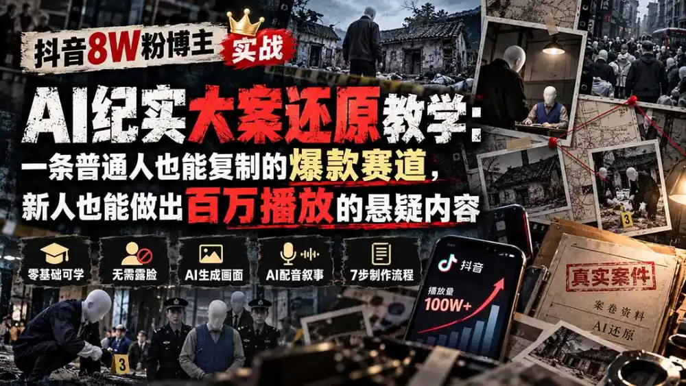 抖音8W粉博主AI纪实大案还原教学：一条普通人也能复制的爆款赛道，新人也能做出百万播放的悬疑内容-小创项目网