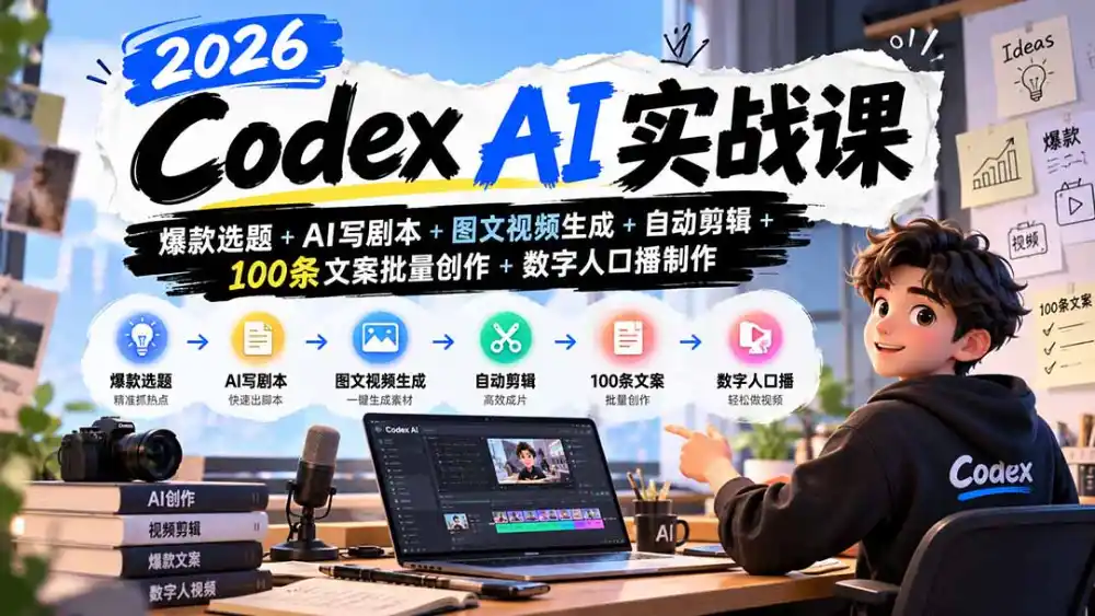 2026Codex AI实战课：爆款选题+AI写剧本+图文视频生成+自动剪辑+100条文案批量创作+数字人口播制作-小创项目网