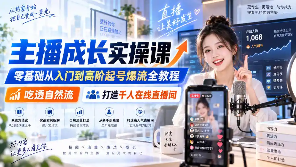 主播成长实操课｜零基础从入门到高阶起号爆流全教程，吃透自然流，打造千人在线直播间-小创项目网