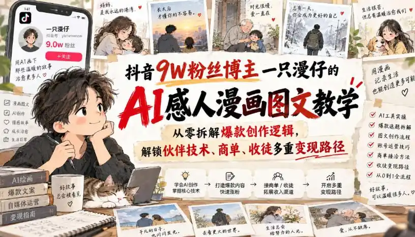 抖音9W粉丝博主一只漫仔的AI感人漫画图文教学，从零拆解爆款创作逻辑，解锁伙伴技术、商单、收徒多重变现路径-寒山客