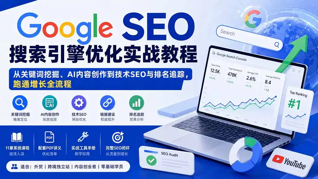 Google SEO搜索引擎优化实战教程：从关键词挖掘、AI内容创作到技术SEO与排名追踪，跑通增长全流程-小创项目网