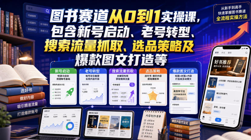 图书赛道从0到1实操课，包含新号启动、老号转型、搜索流量抓取、选品策略及爆款图文打造等-寒山客