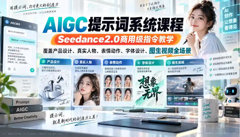 AIGC提示词系统课程，Seedance2.0商用级指令教学，覆盖产品设计、真实人物、表情动作、字体设计、图生视频全场景-寒山客