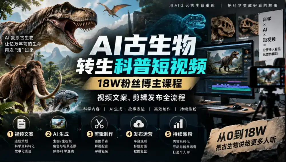 AI古生物转生科普短视频，18W粉丝博主课程，视频文案、剪辑发布全流程-小创项目网